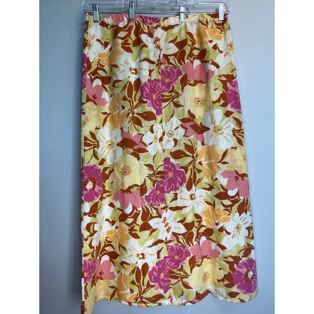 Hot Cotton Floral Linen Skirt Women's Size L Maxi Pink Yellow‎ Brown Cottagecore
